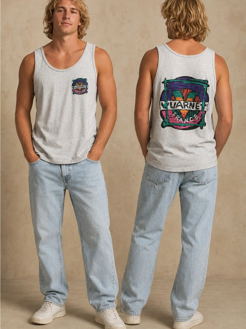 Vintage Vuarnet France Men’s XL Gray Graphic Tank Top 100% Cotton Made in USA